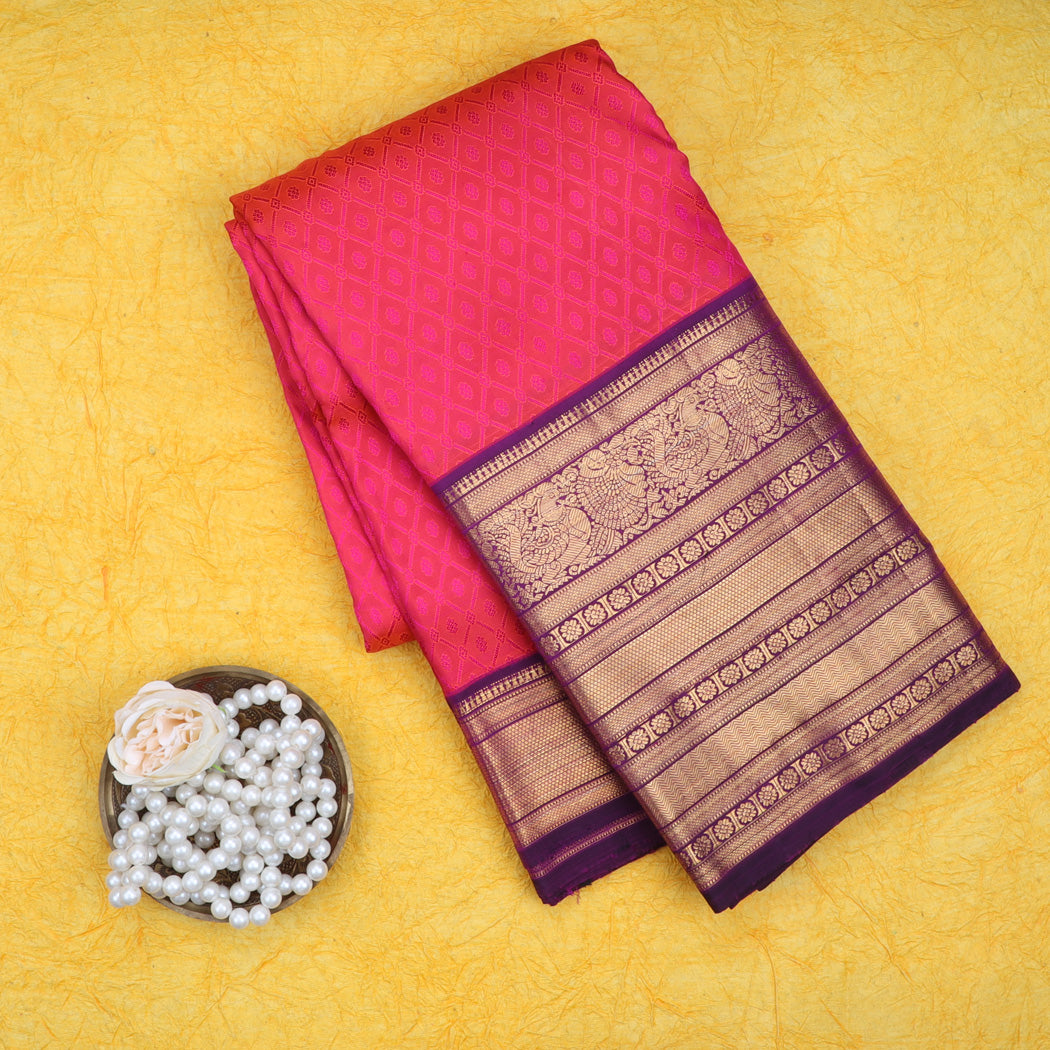 Bright Pink Kanjivaram Silk Saree With Floral Booties Pattern