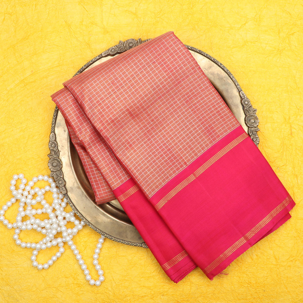 Pale Pink Kanjivaram Silk Saree With Checks Pattern