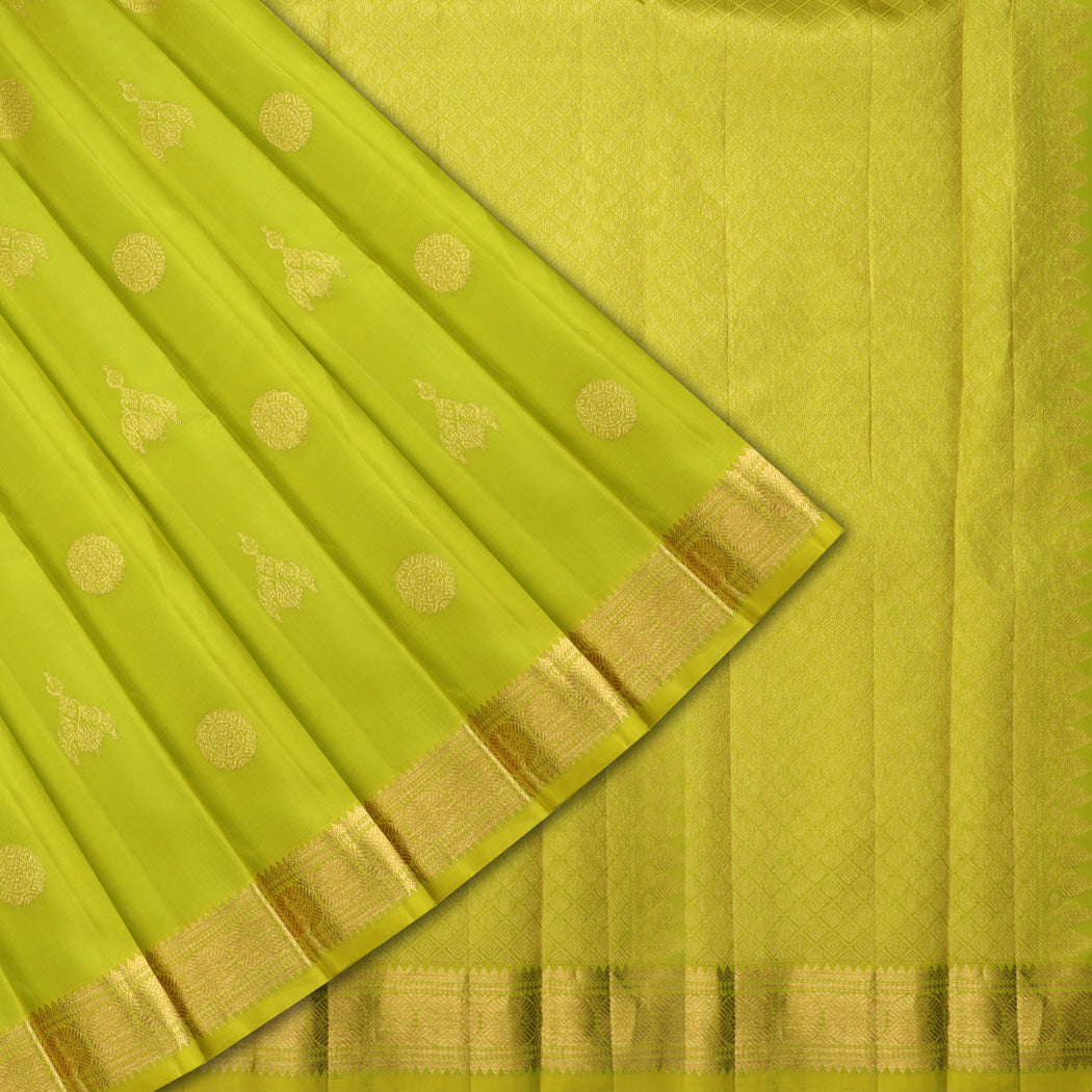 Lime Green Kanjivaram Silk Saree With Floral Buttas