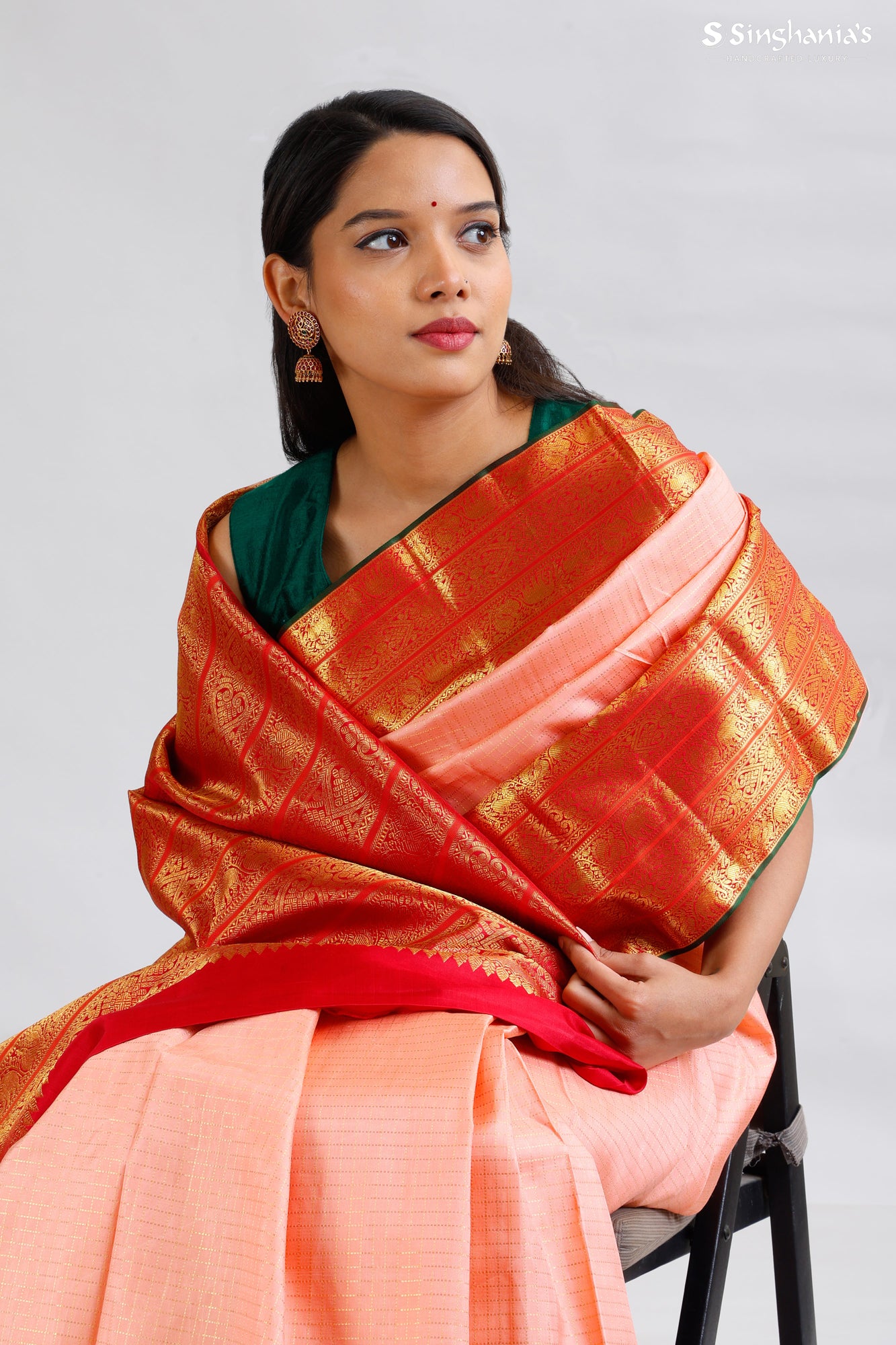 Blush Pink Kanjivaram Silk Saree With Stripes Pattern