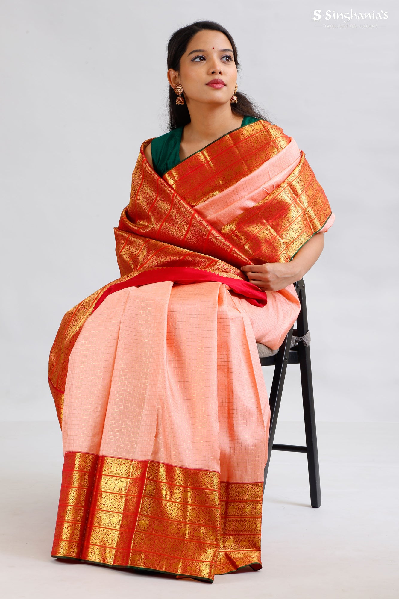 Blush Pink Kanjivaram Silk Saree With Stripes Pattern