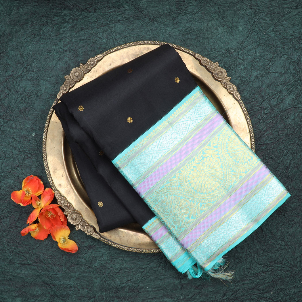 Black Kanjivaram Silk Saree With Floral Tiny Buttis
