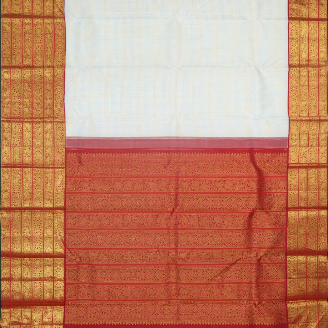 Cloud White Kanjivaram Silk Saree With Checks Pattern
