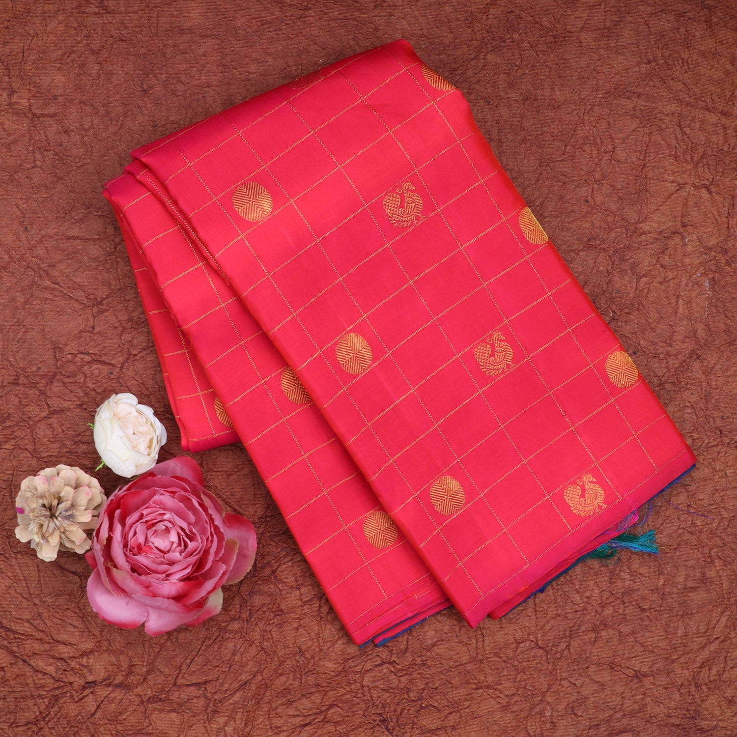 Bright Pink Kanjivaram Silk Saree With Floral And Bird Motifs