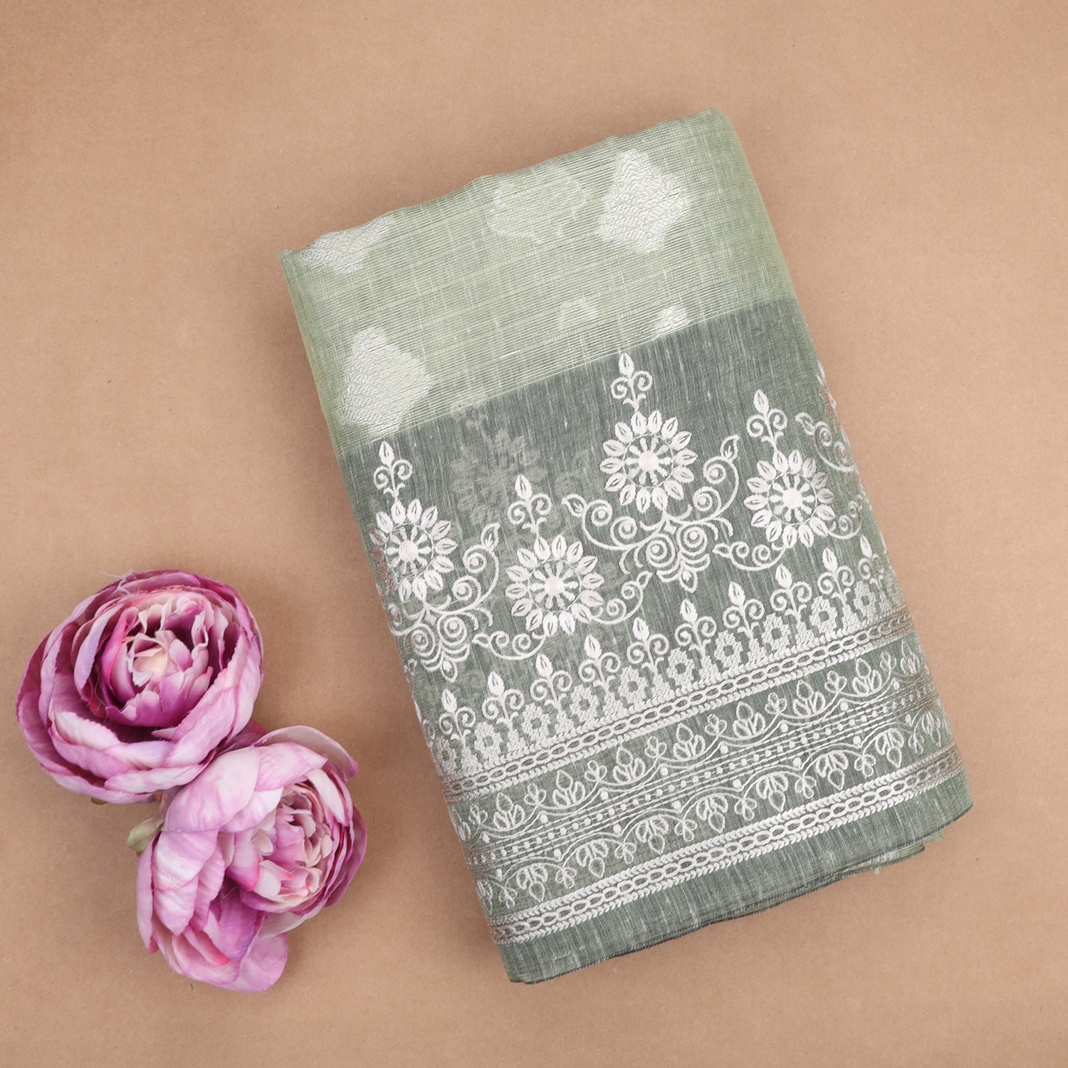 Pastel Green Tissue Saree With Floral Embroidery
