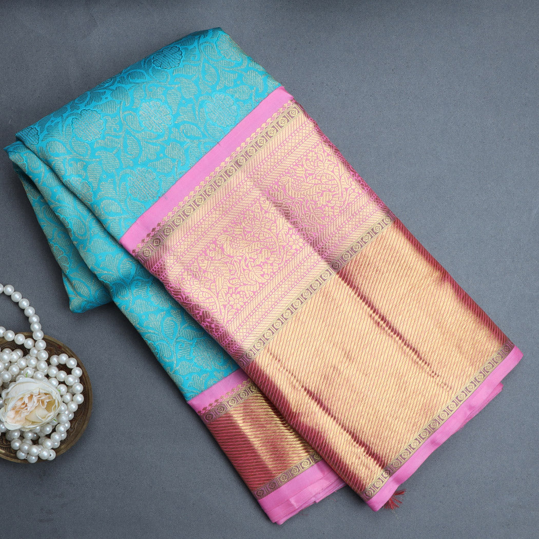 Blue Kanjivaram Silk Saree With Floral Motif Pattern