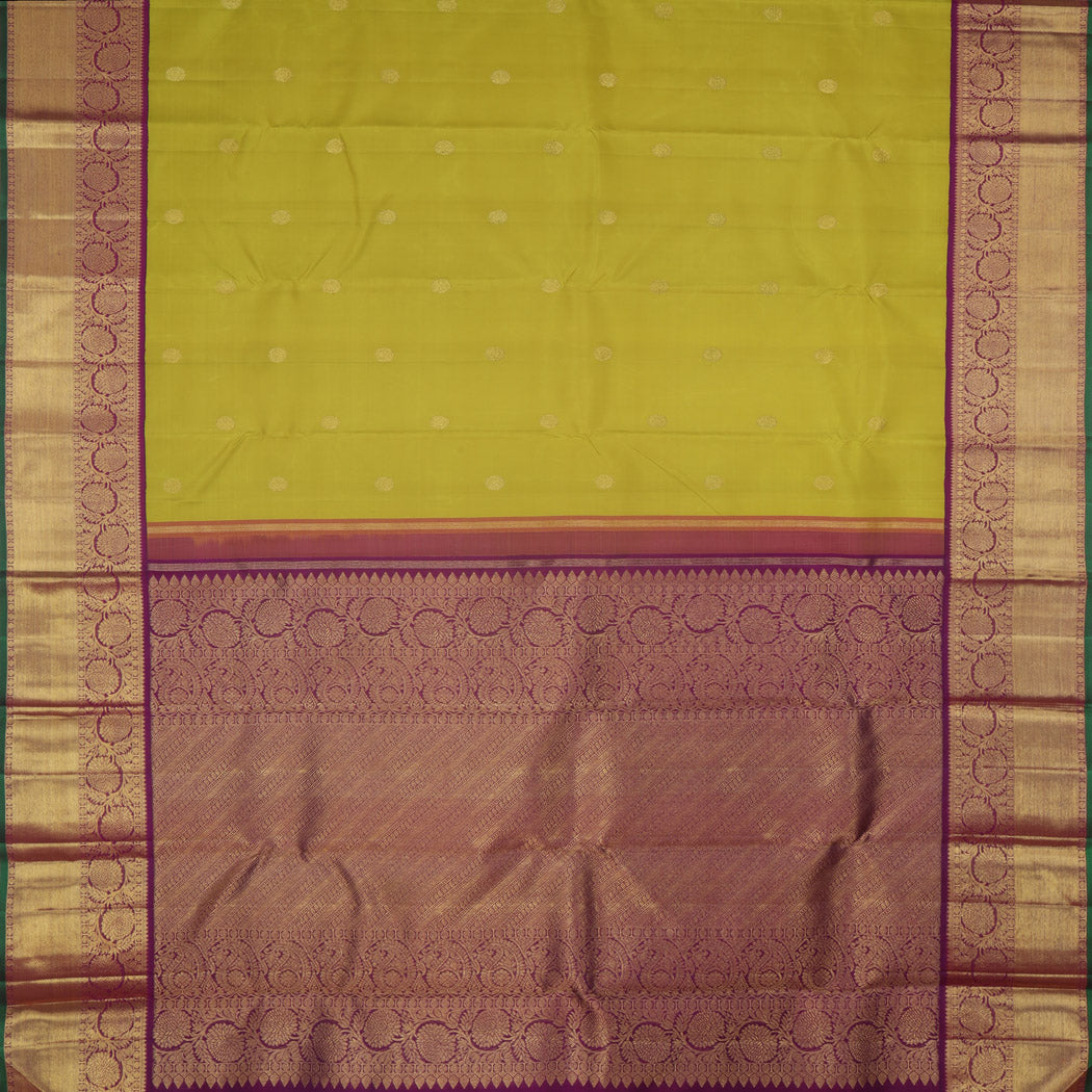 Lime Yellow Kanjivaram Silk Saree With Floral Buttas
