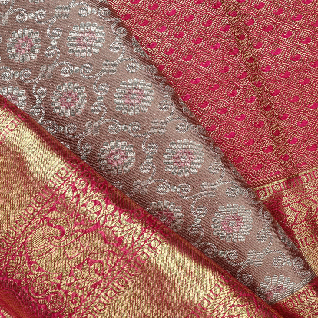 Brown Tissue Kanjivaram Silk Saree With Floral Pattern