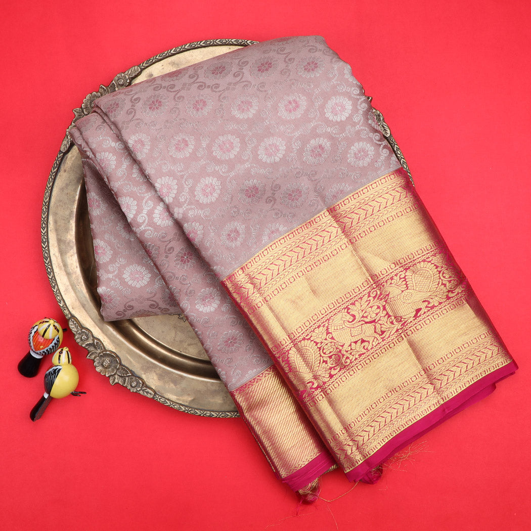 Brown Tissue Kanjivaram Silk Saree With Floral Pattern