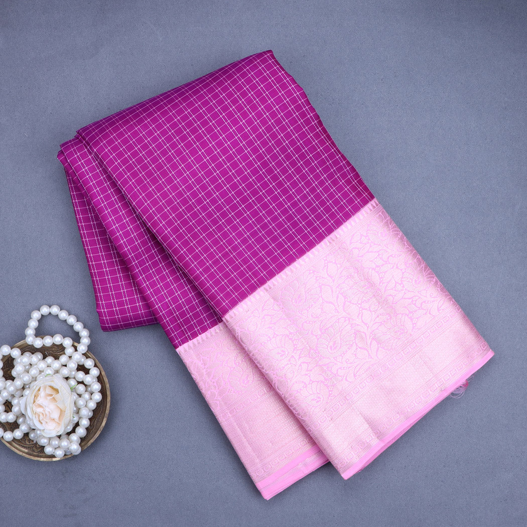 Rani Pink Kanjeevaram Silk Saree With Checks Pattern