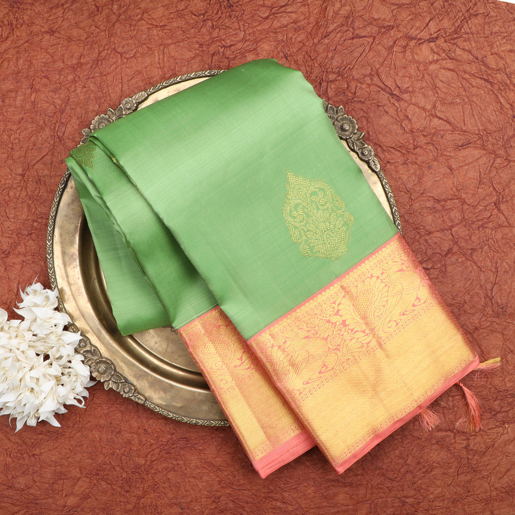 Light Green Kanjivaram Silk Saree With Floral Motifs