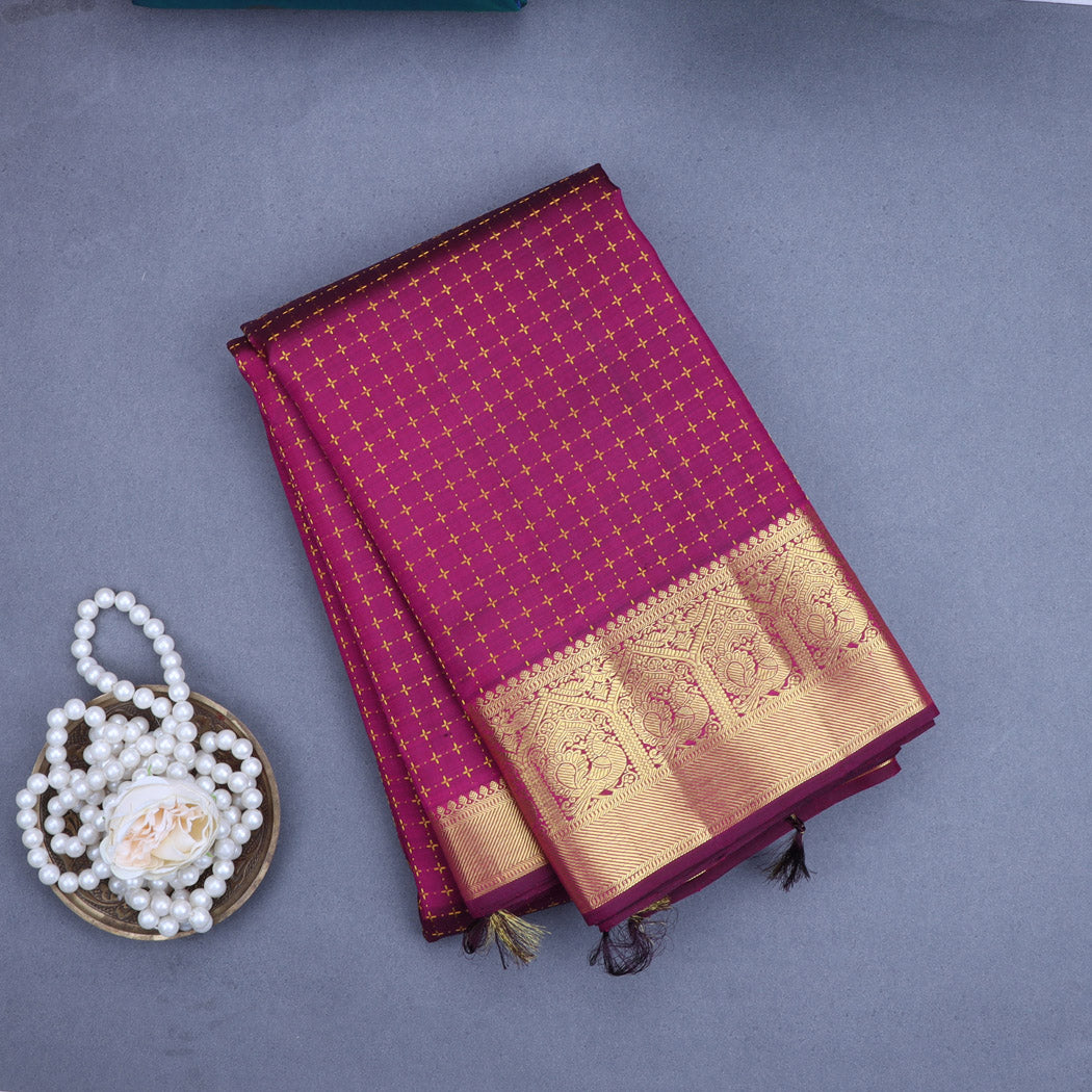 Magenta Pink Kanjivaram Silk Saree With Checks Pattern