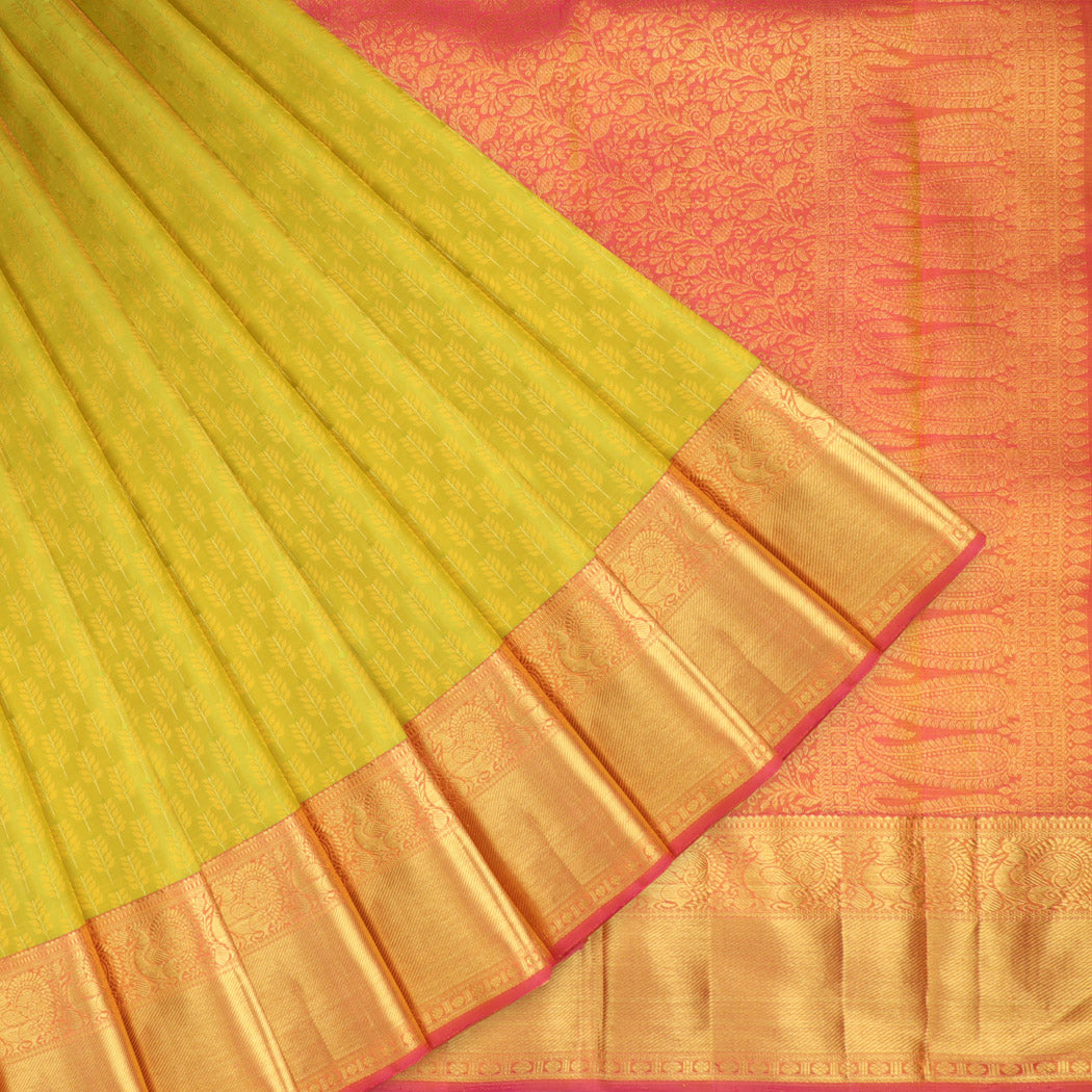 Lime Yellow Kanjivaram Silk Saree With Leaf Pattern