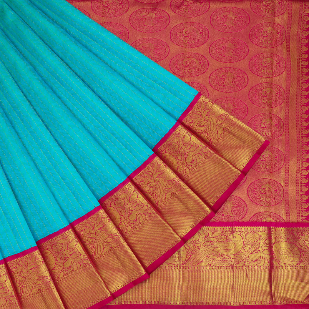 Bright Blue Kanjivaram Silk Saree With Stripes Pattern
