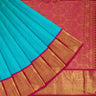 Bright Blue Kanjivaram Silk Saree With Stripes Pattern