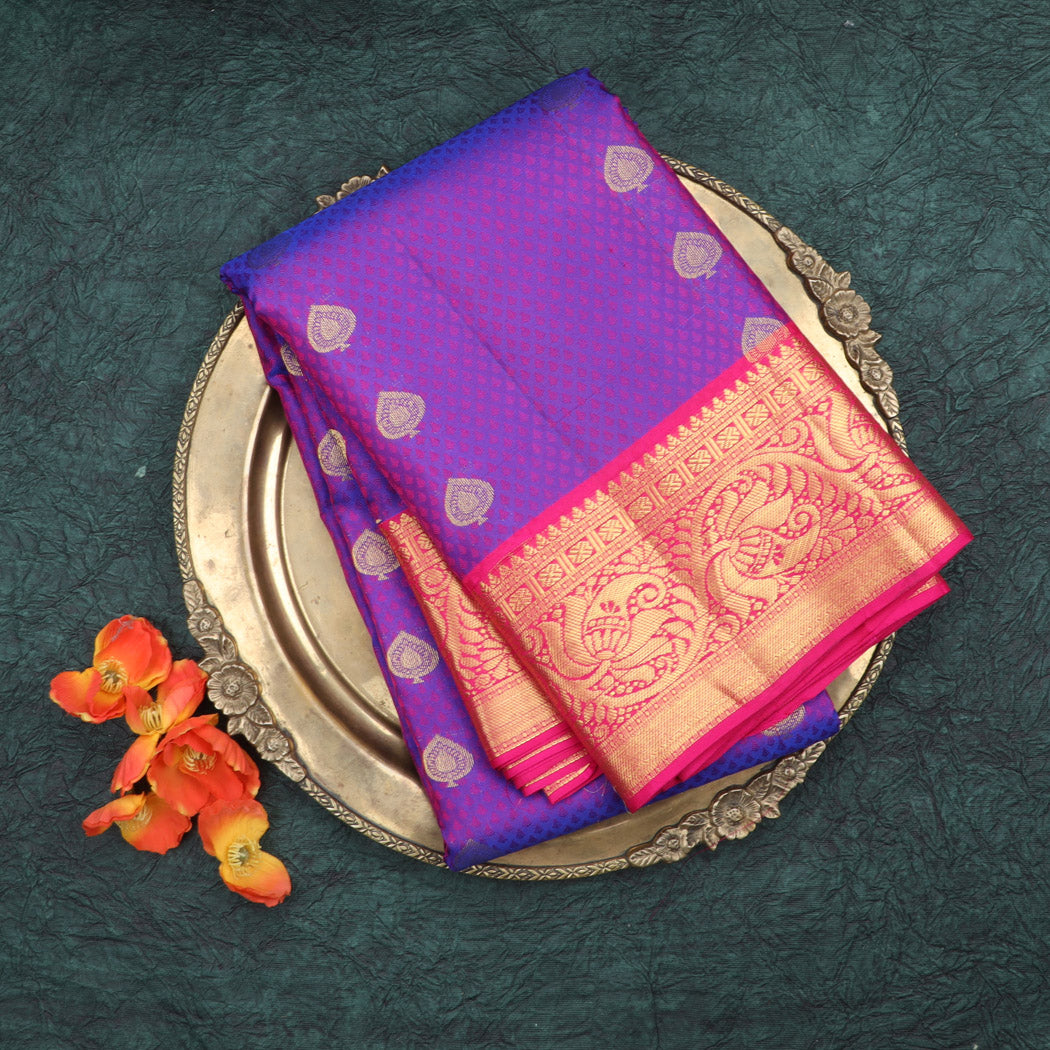 Violet Kanjivaram Silk Saree With Leaf Motif