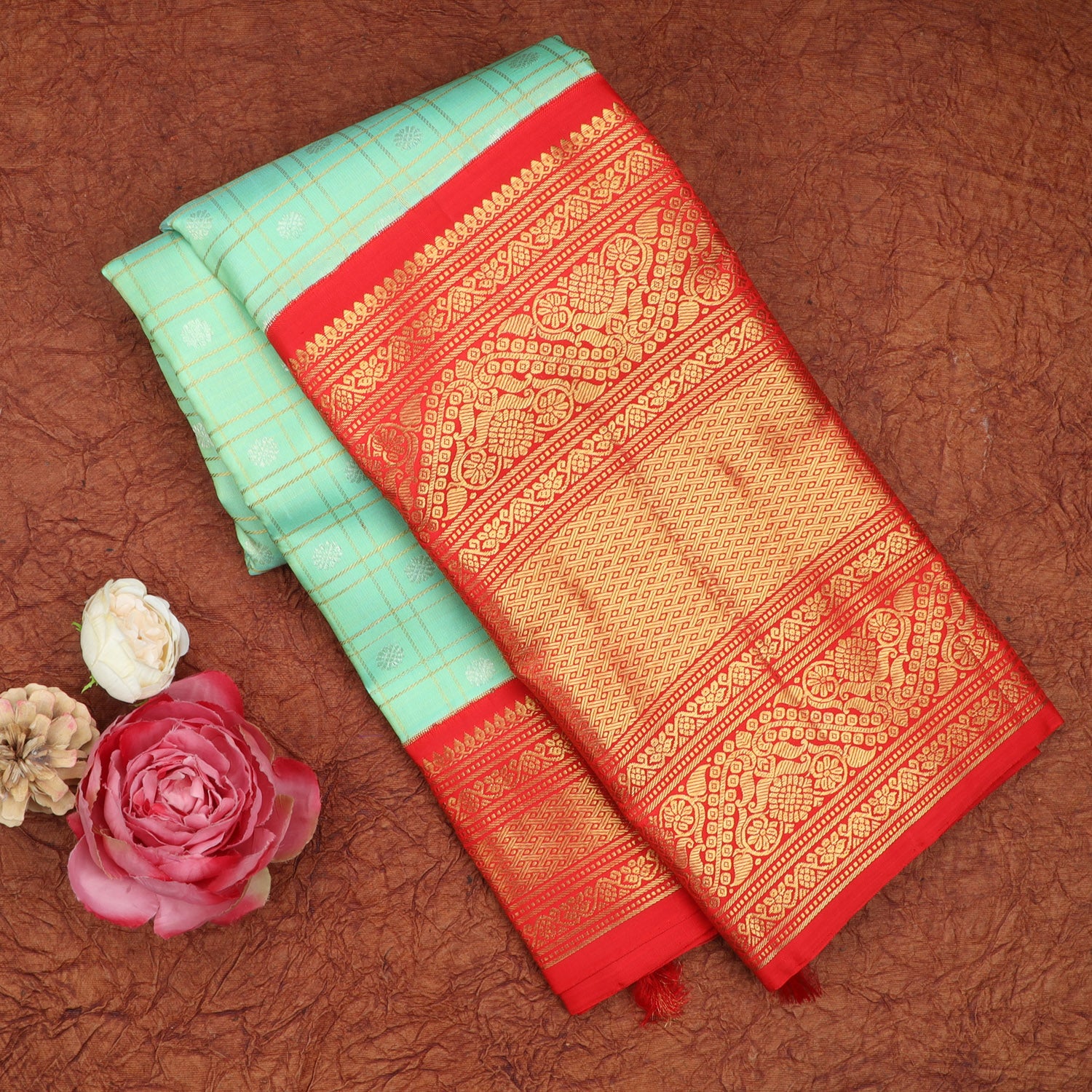 Pastel Green Kanjivaram Silk Saree With Checks Pattern