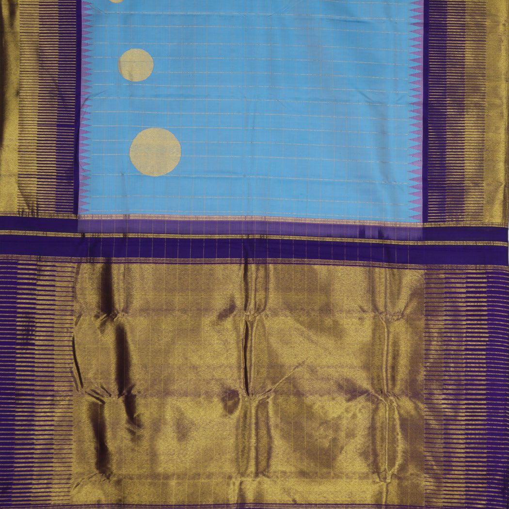 Bright Blue Kanjivaram Silk Saree With Checks Pattern