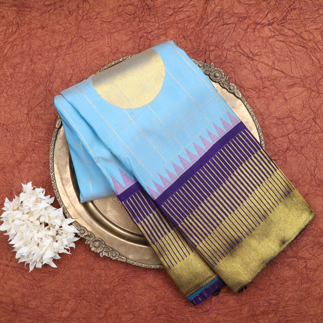 Bright Blue Kanjivaram Silk Saree With Checks Pattern