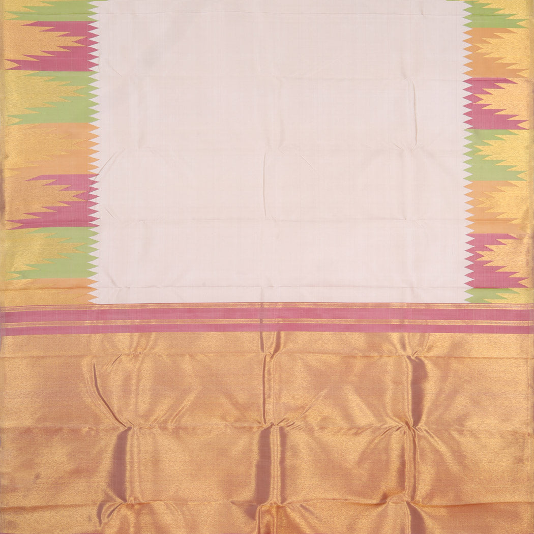 Chalk White Kanjivaram Silk Saree With Colorful Temple Motifs