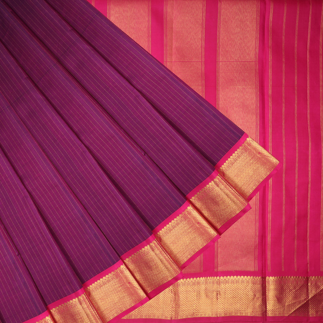 Dark Purple Kanjivaram Silk Saree With Stripes Pattern