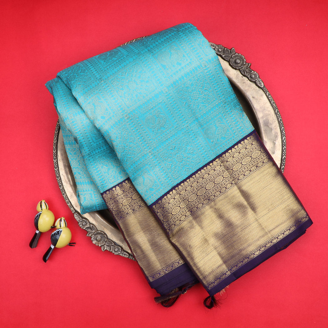 Light Blue Kanjivaram Silk Saree With Mayil Motifs
