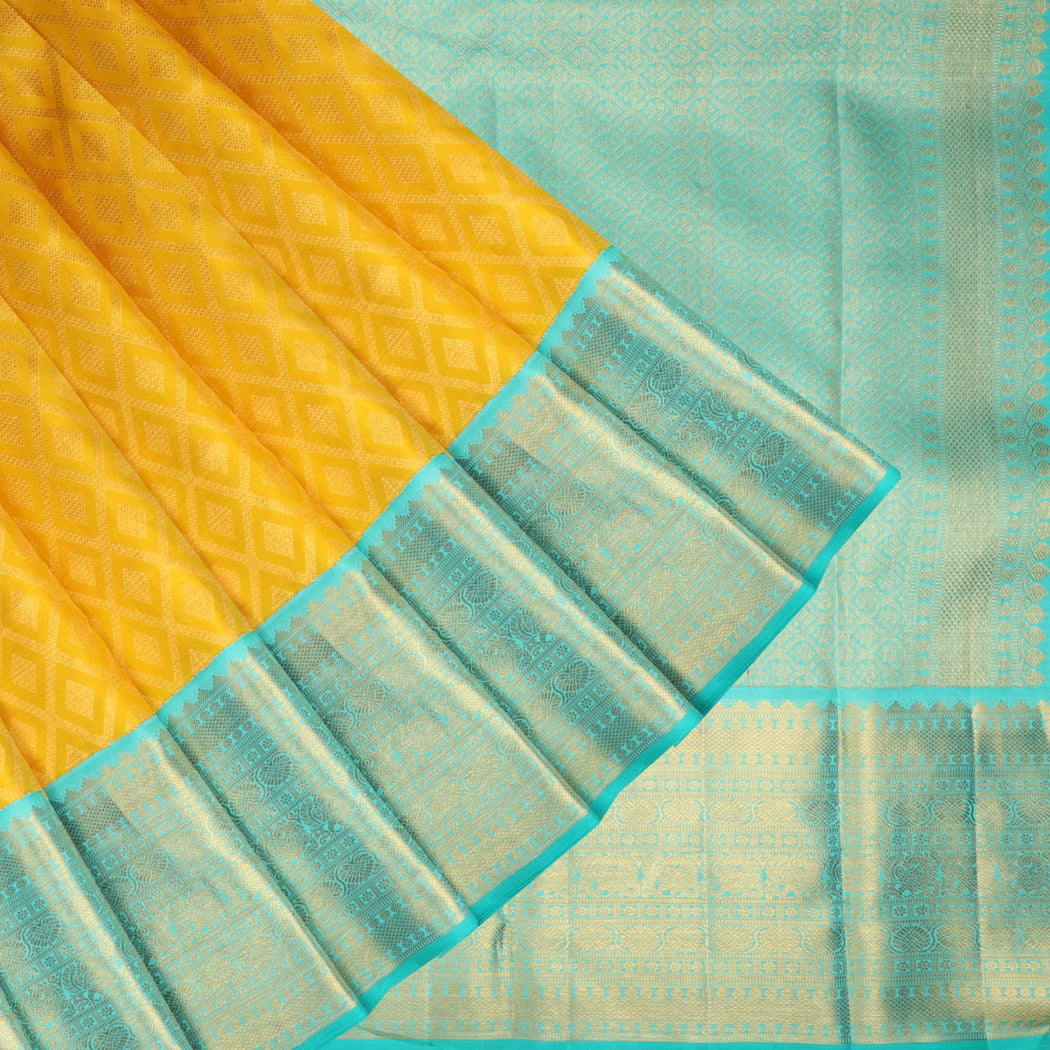 Turmeric Yellow Kanjivaram Silk Saree With Diamond Pattern