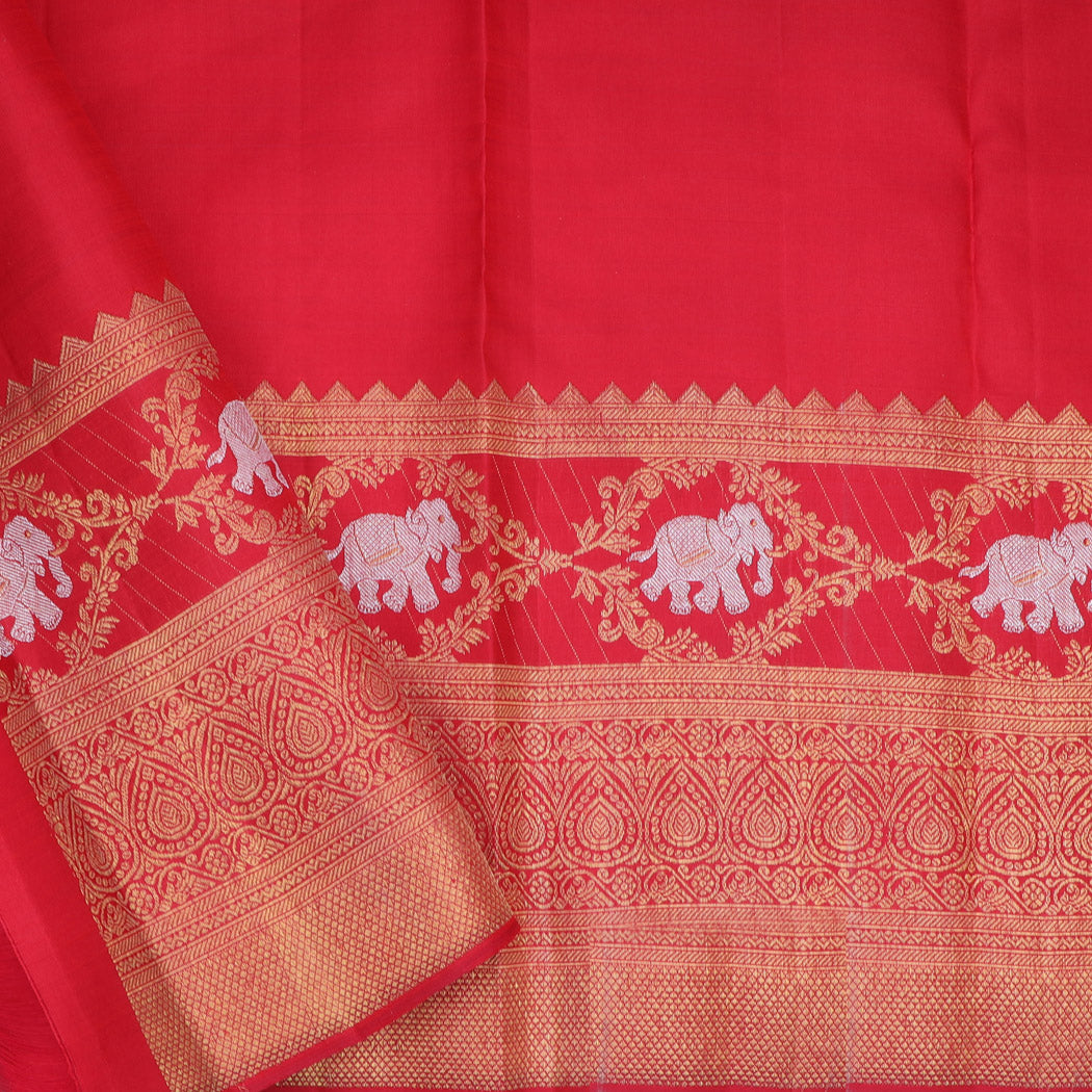 Vibrant Red Kanjivaram Silk Saree With Peacock And Elephant Motifs