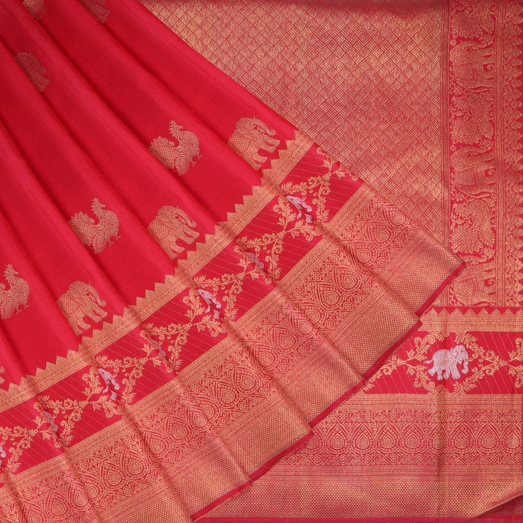 Vibrant Red Kanjivaram Silk Saree With Peacock And Elephant Motifs