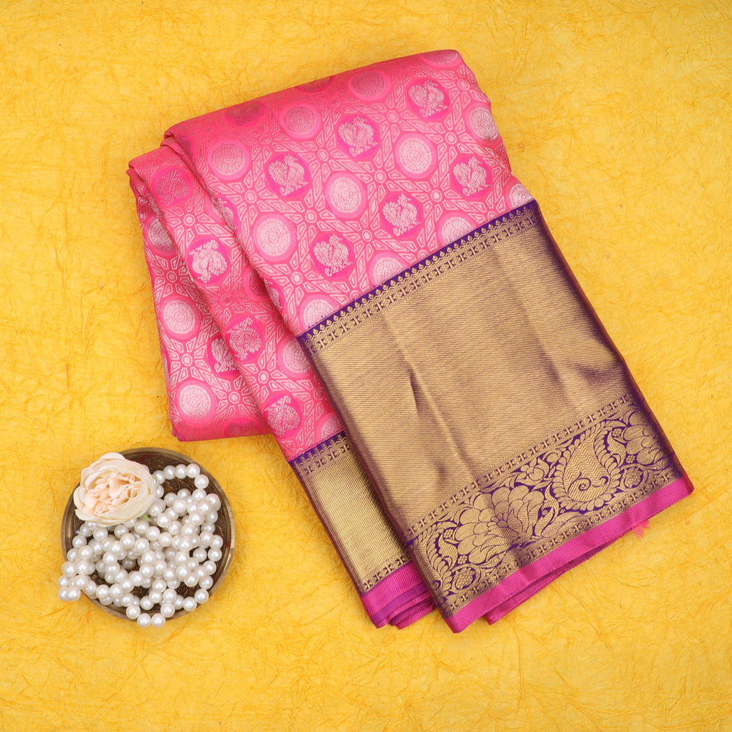 Bright Pink Kanjivaram Silk Saree With Floral And Mayil Motifs ...