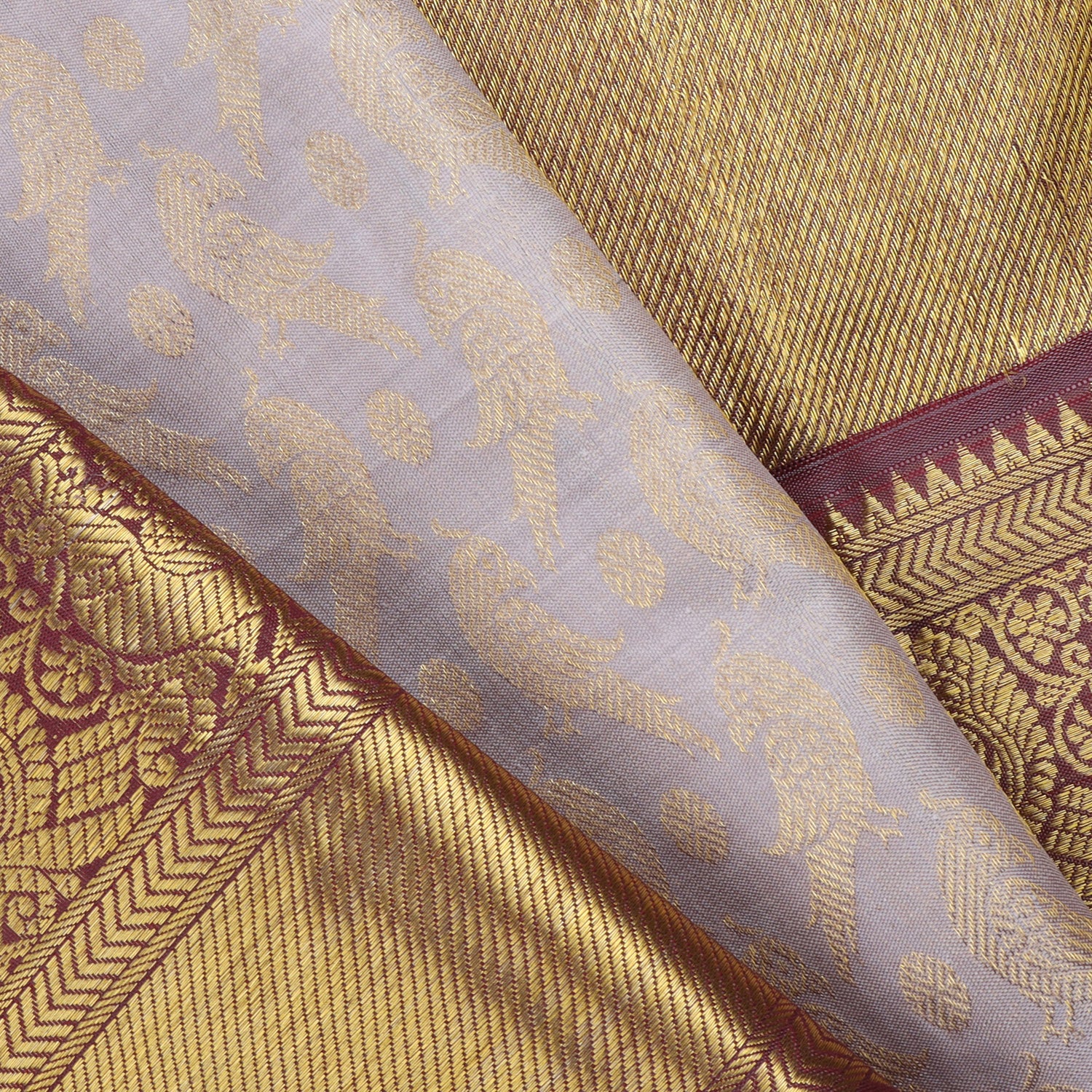 Pastel Purple Kanjivaram Silk Saree With Bird And Rudraksha Motifs