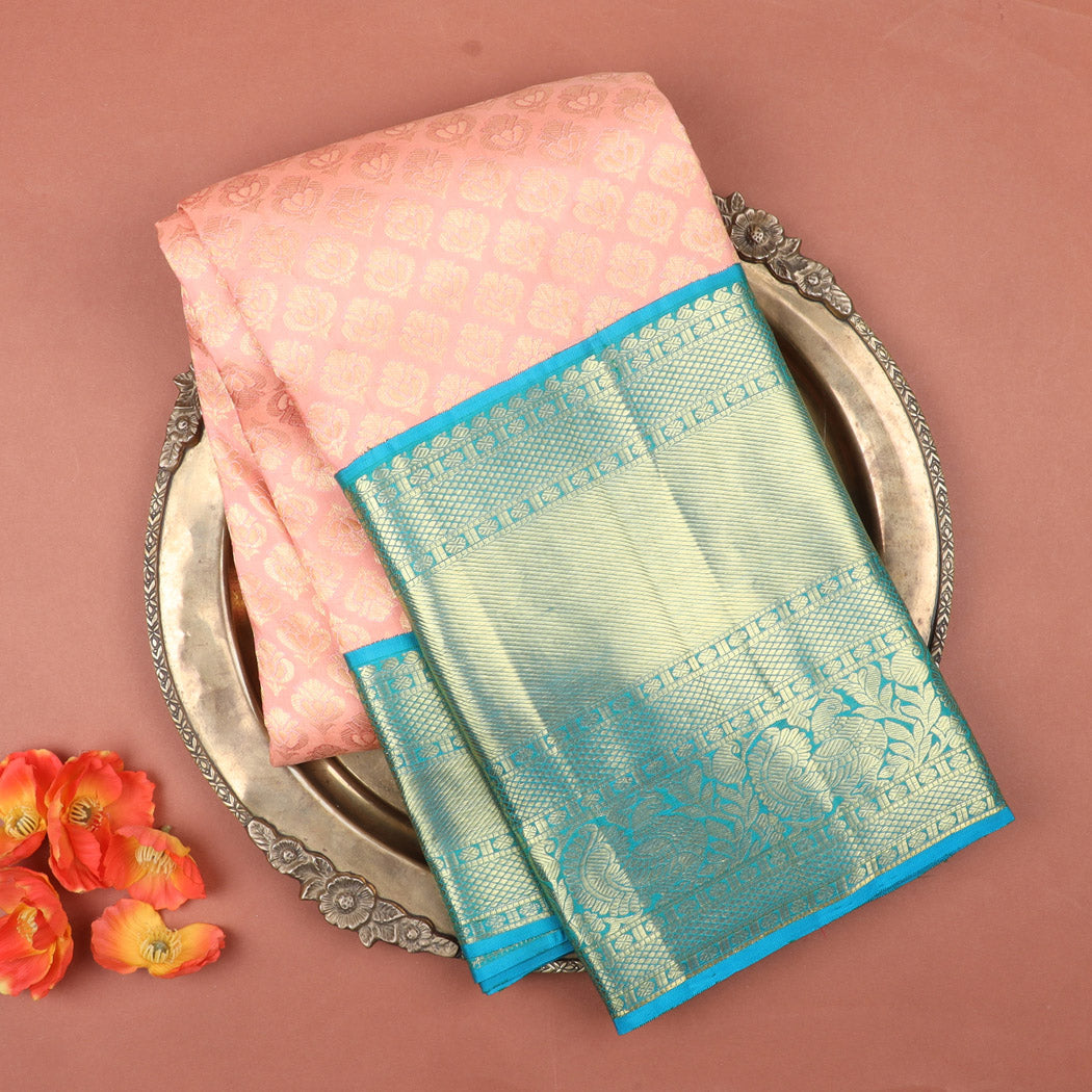 Pastel Pink Kanjivaram Silk Saree With Floral Buttis