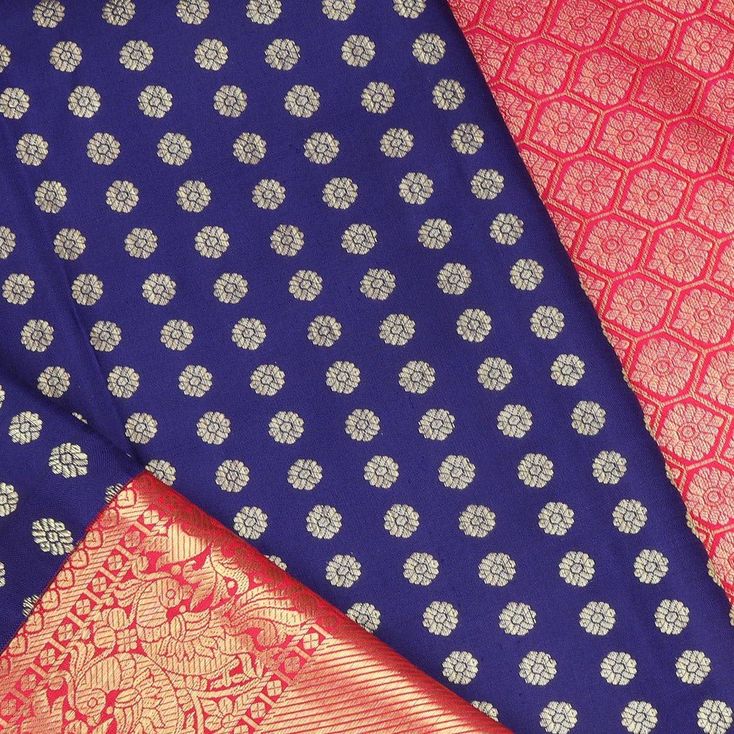 Dark Blue Kanjivaram Silk Saree With Tiny Floral Buttis