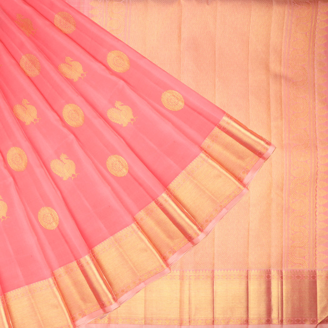 Light Watermelon Pink Kanjivaram Silk Saree With Floral And Mayil Motifs