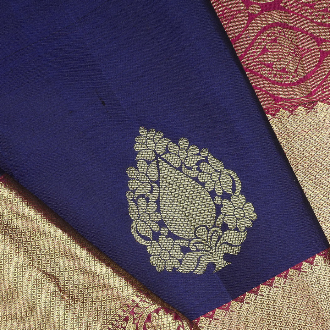Dark Blue Kanjivaram Silk Saree With Floral Buttas