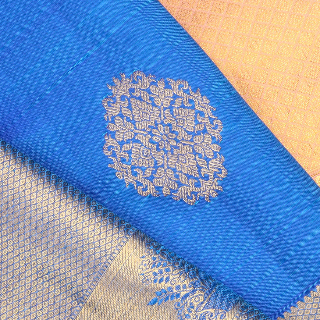Azure Blue Kanjivaram Silk Saree With Floral Motifs