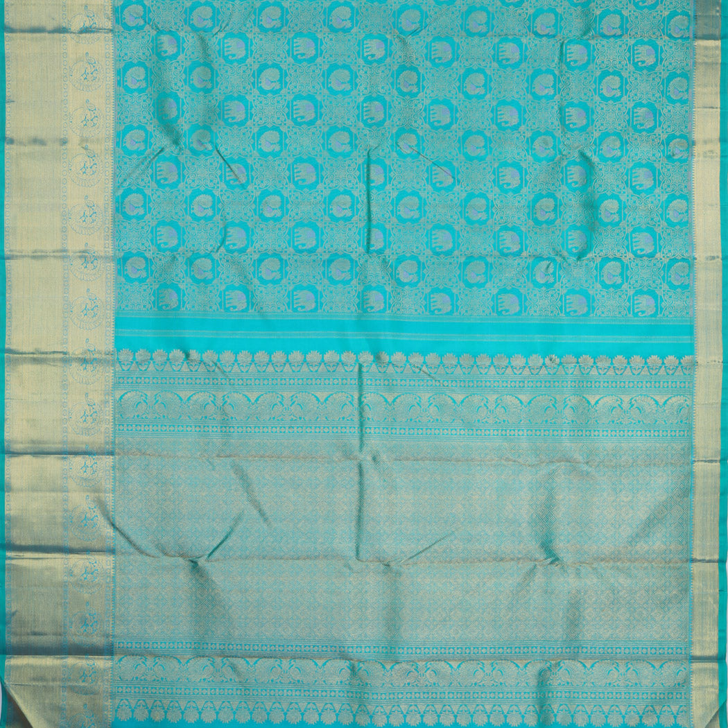 Bright Blue Kanjivaram Silk Saree With Floral Mayil Jaal Design