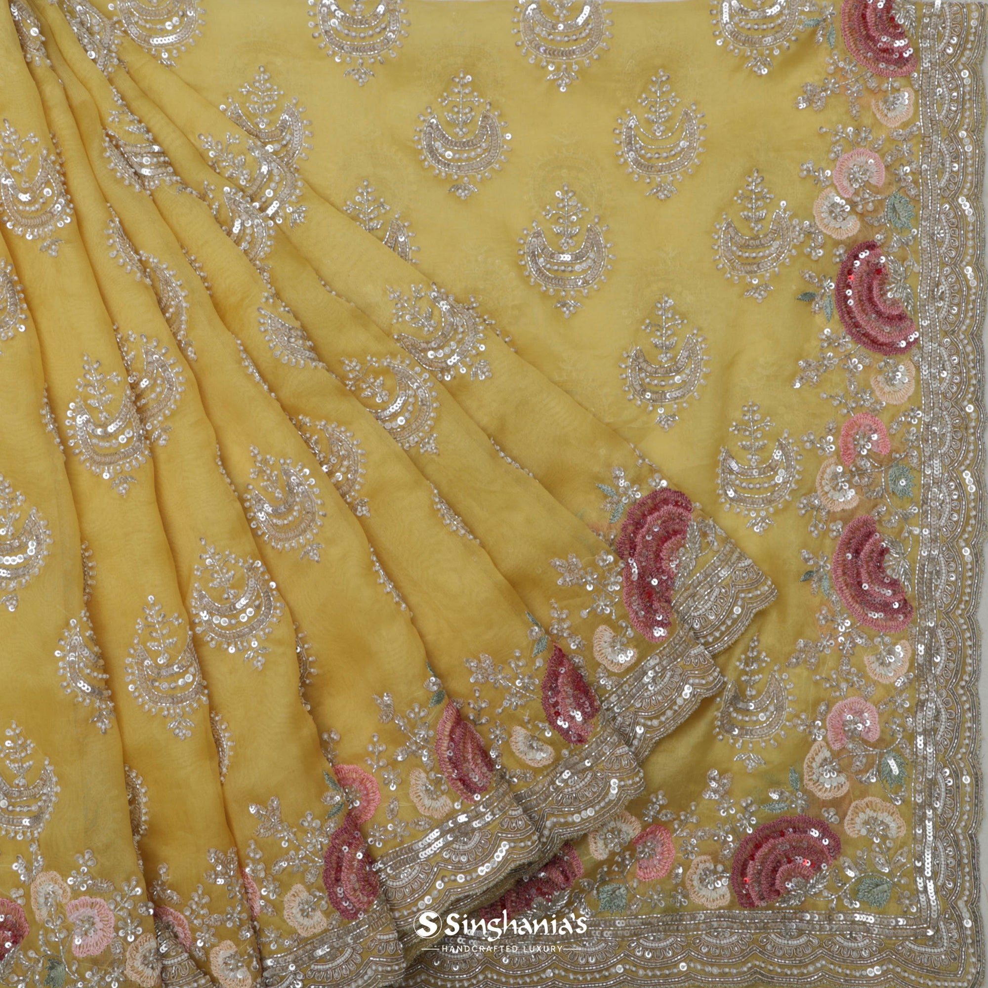 Minion Yellow Organza Saree With Hand Embroidery