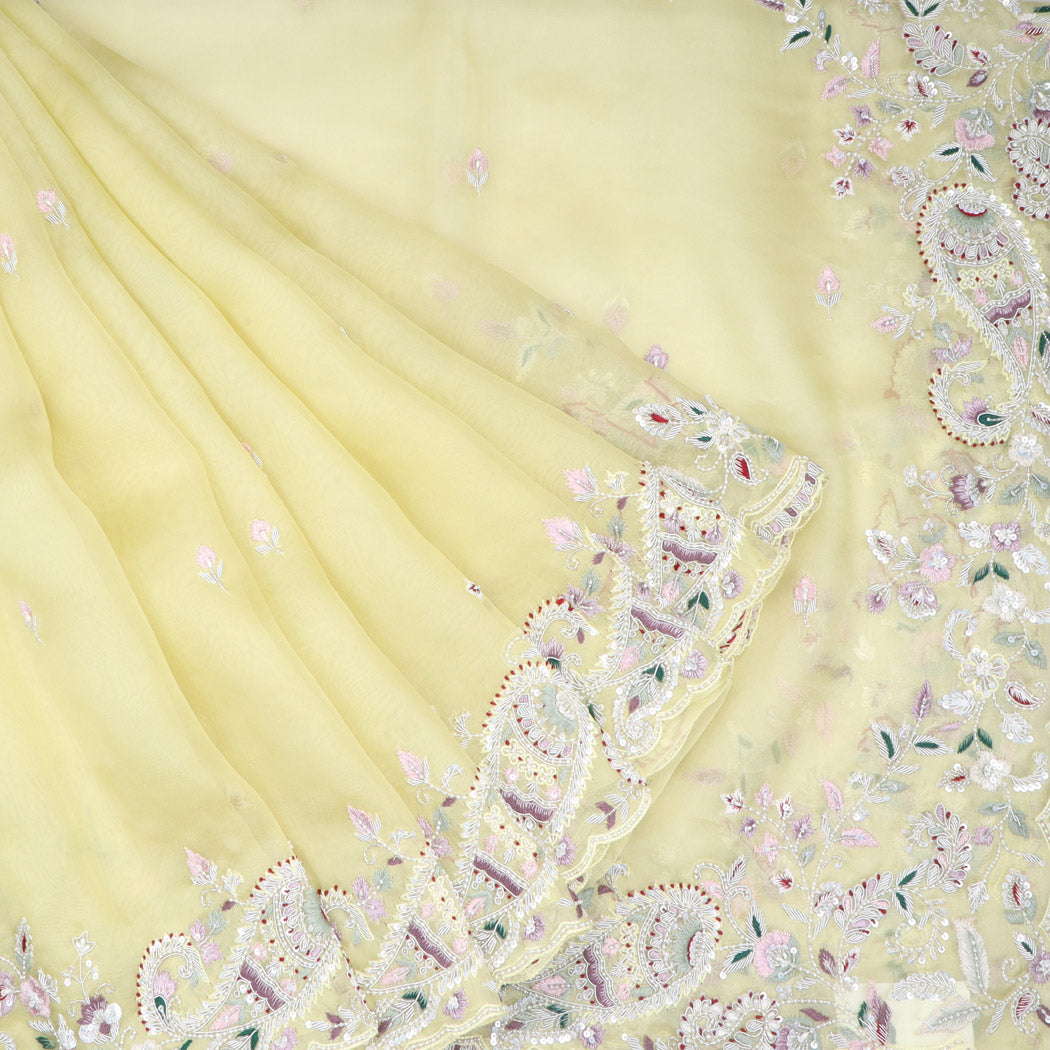 Patel Yellow Organza Saree With Floral Embroidery