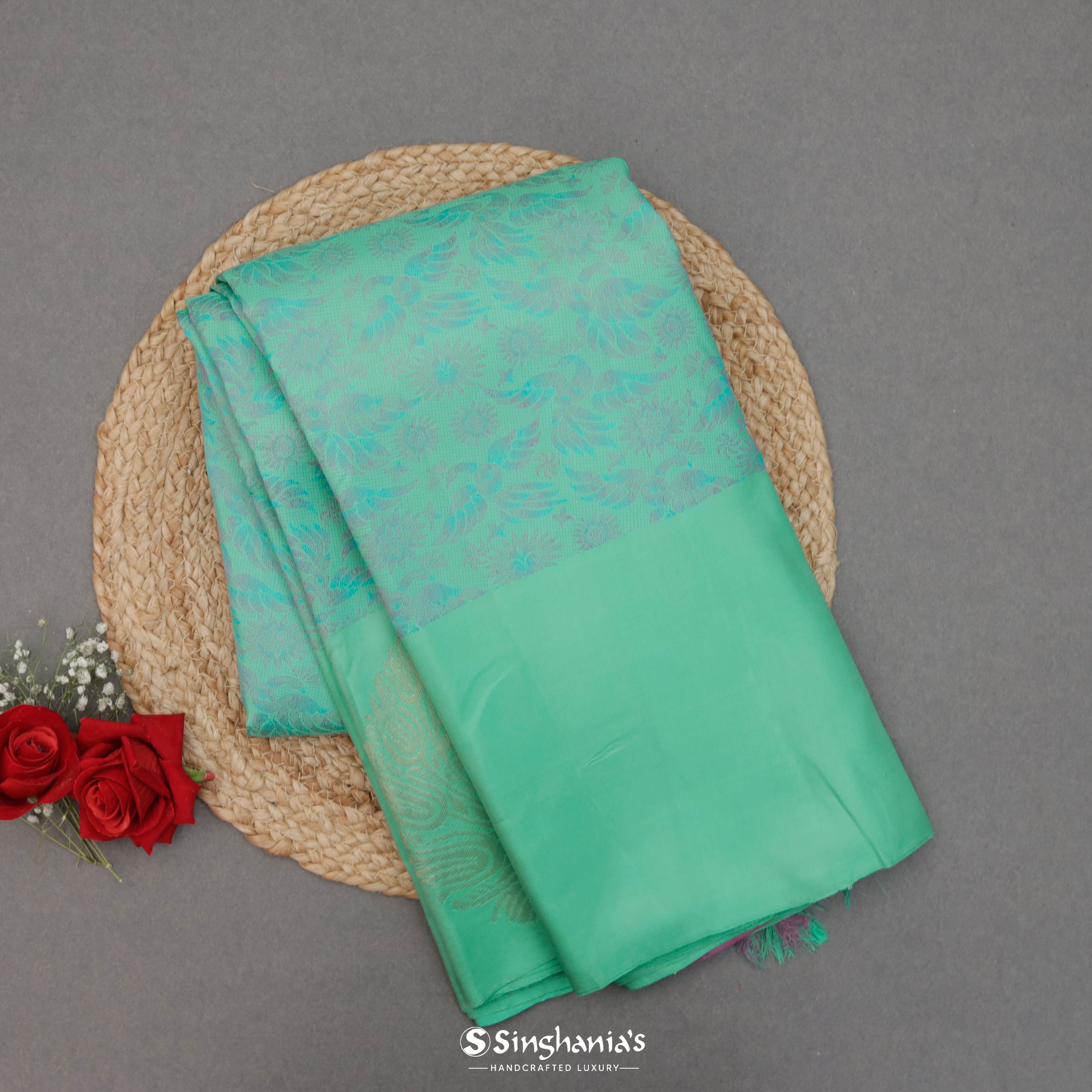 Mint Green Silk Kanjivaram Saree With Nature Inspired Birds Motifs