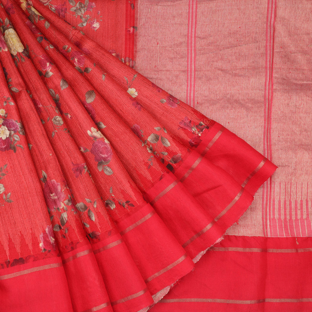 Bright Red Tussar Saree With Printed Floral Motifs