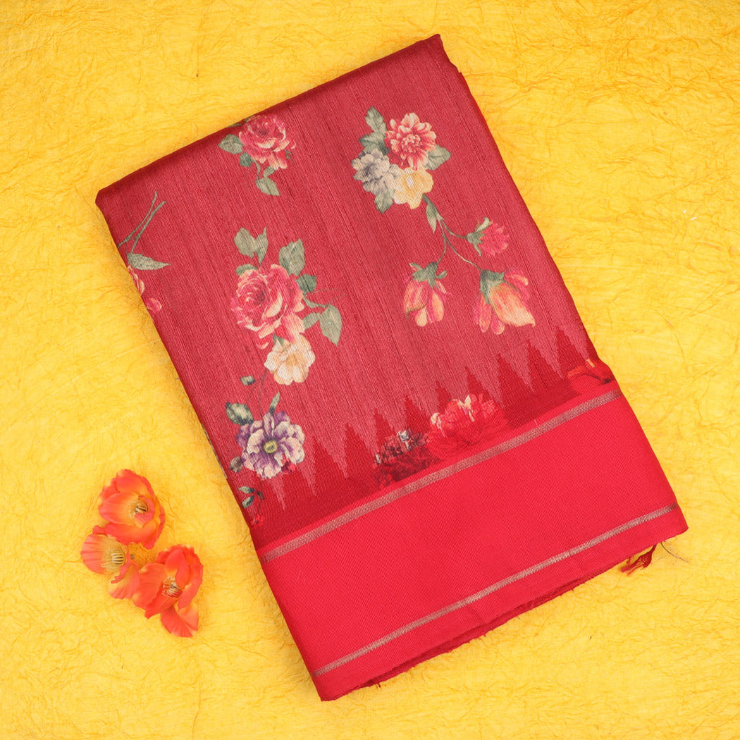 Brick Red Tussar Saree With Printed Floral Motifs