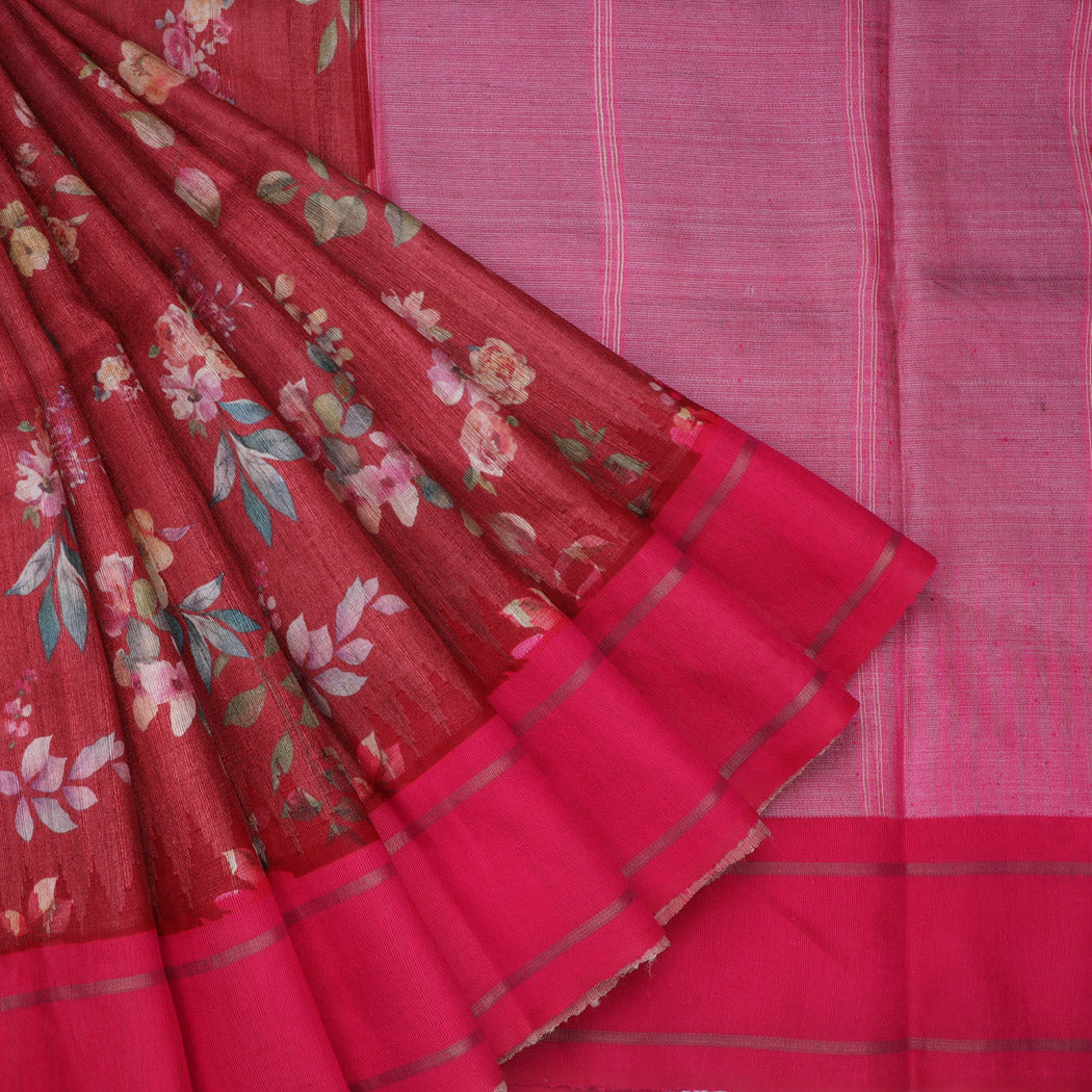 Earthy Brown Tussar Saree With Printed Floral Motifs