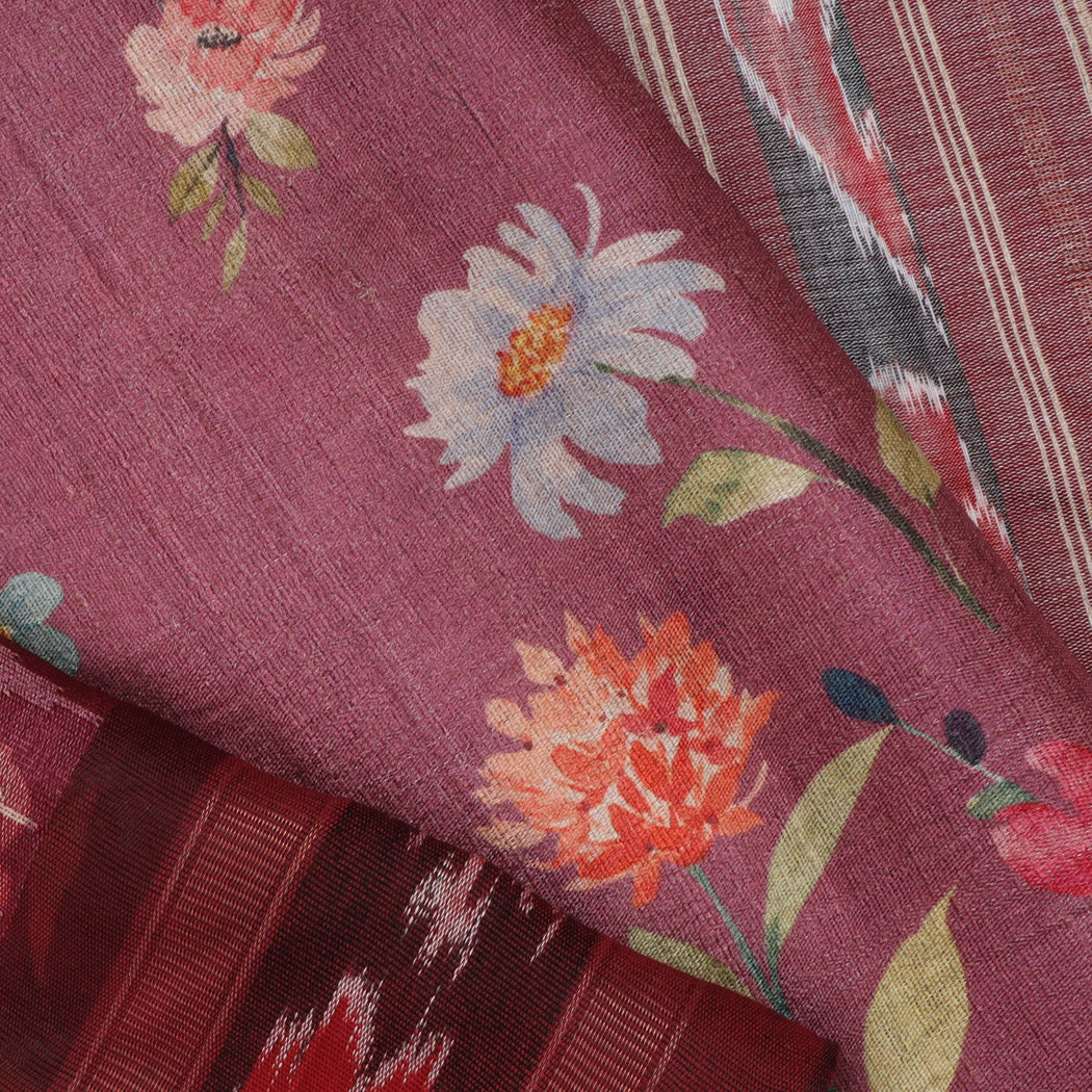 Onion Pink Tussar Saree With Printed Floral Motifs