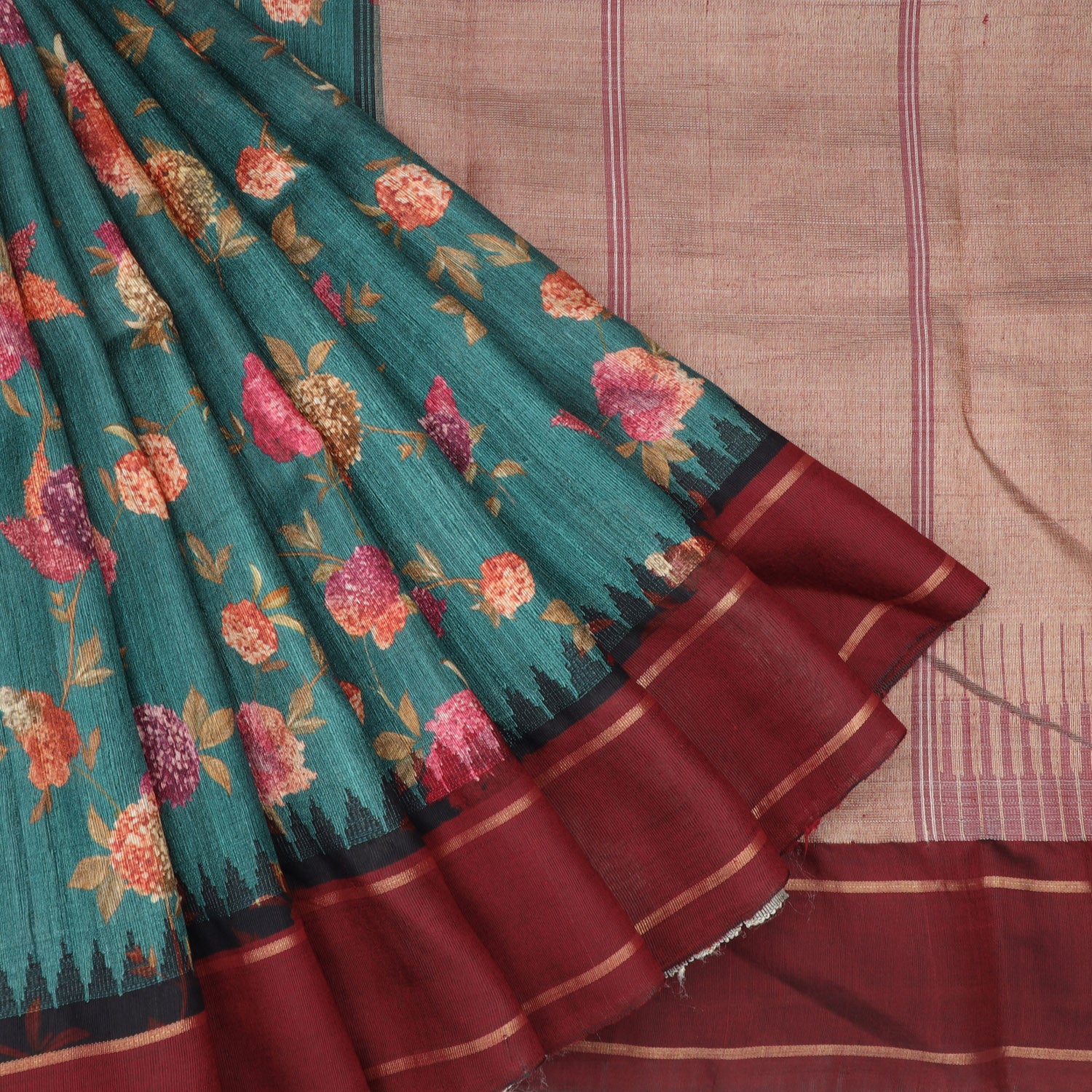 Forest Green Tussar Saree With Floral Printed Pattern