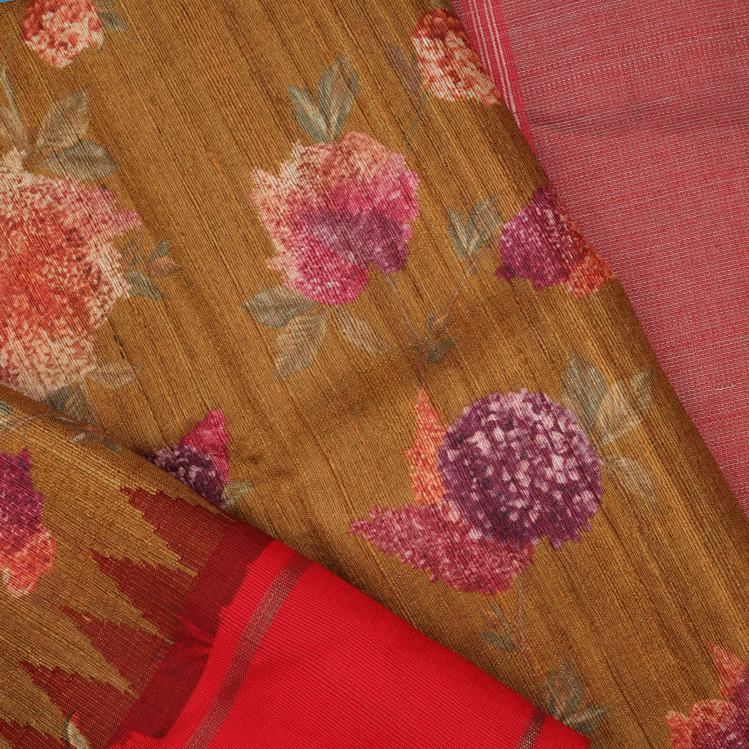 Greenish Brown Tussar Saree With Printed Floral Motifs