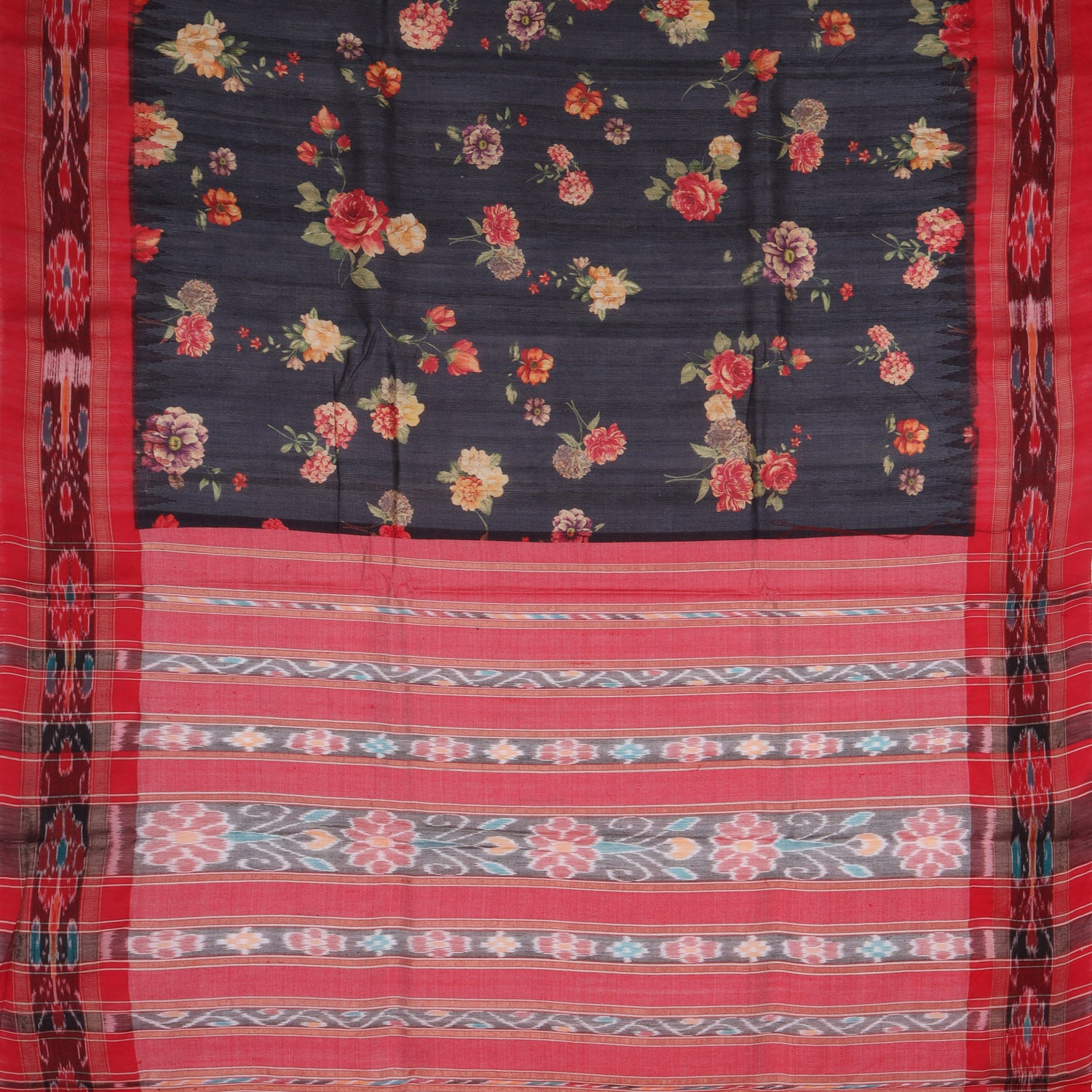 Coal Black Tussar Saree With Floral Printed Pattern