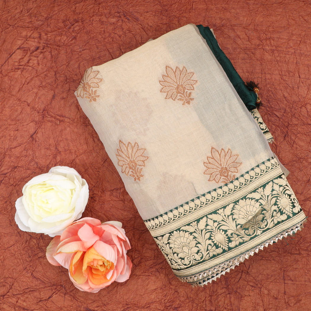 Light Beige Tissue Saree With Printed Floral Pattern