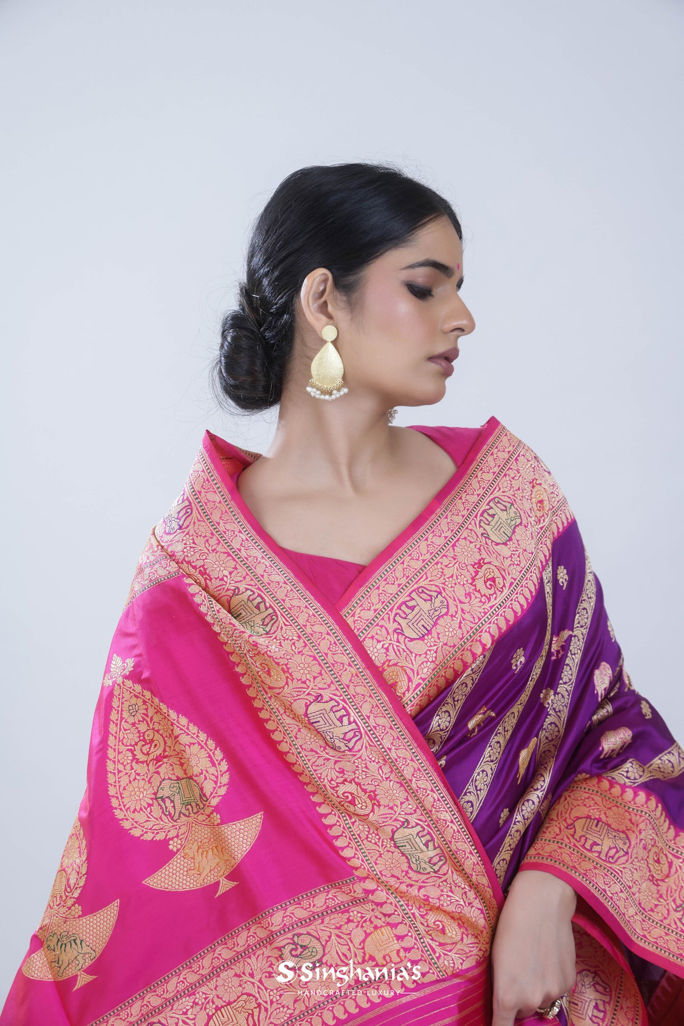 Luxury Purple Banarasi Silk Saree With Floral And Elephant Weaving