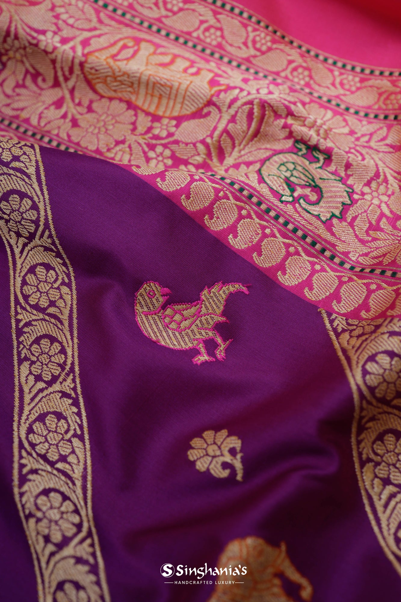 Luxury Purple Banarasi Silk Saree With Floral And Elephant Weaving